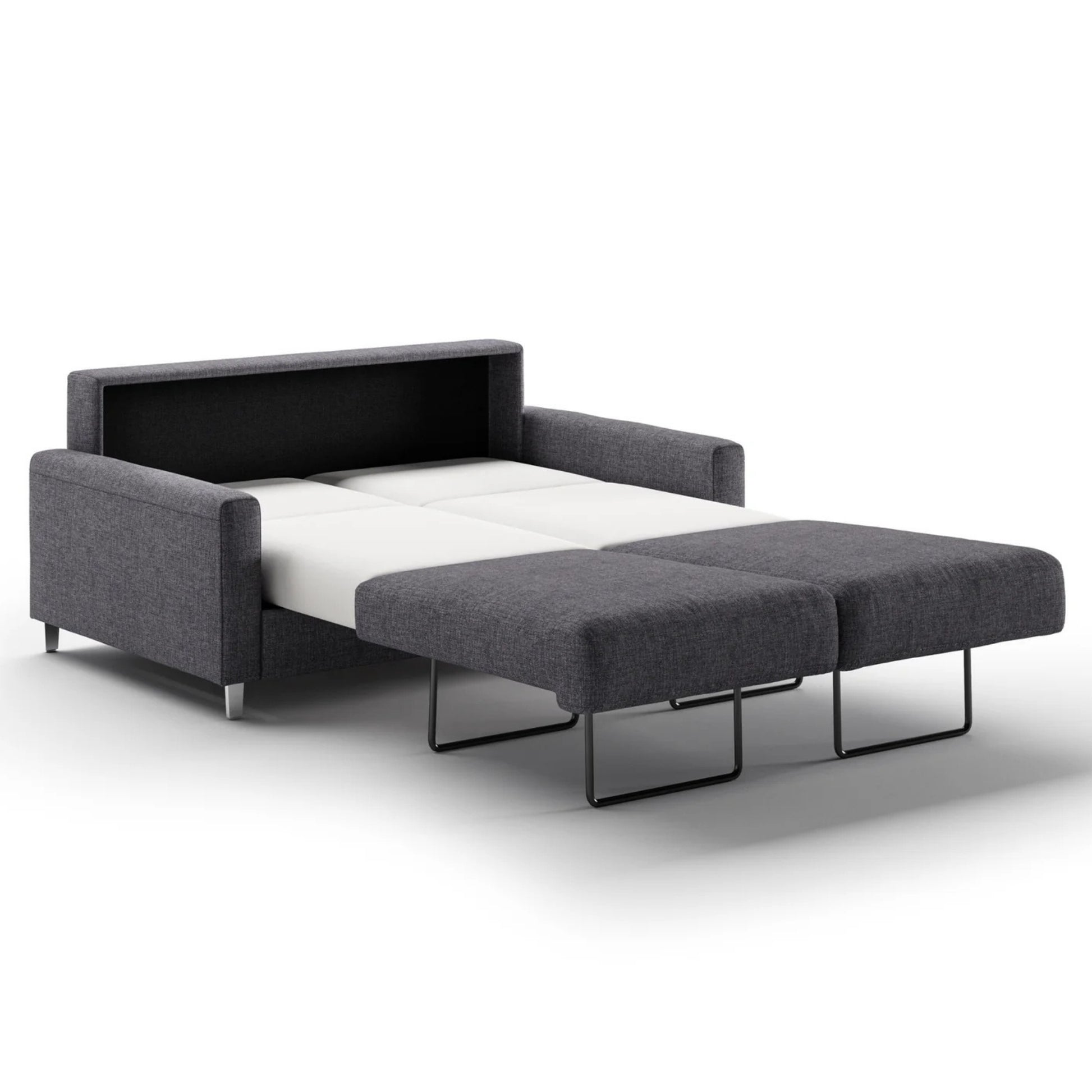 Luonto Nico Full XL Sofa Bed in Fabric Rene 04 with Chrome Feet and Nest Mechanism in side open View