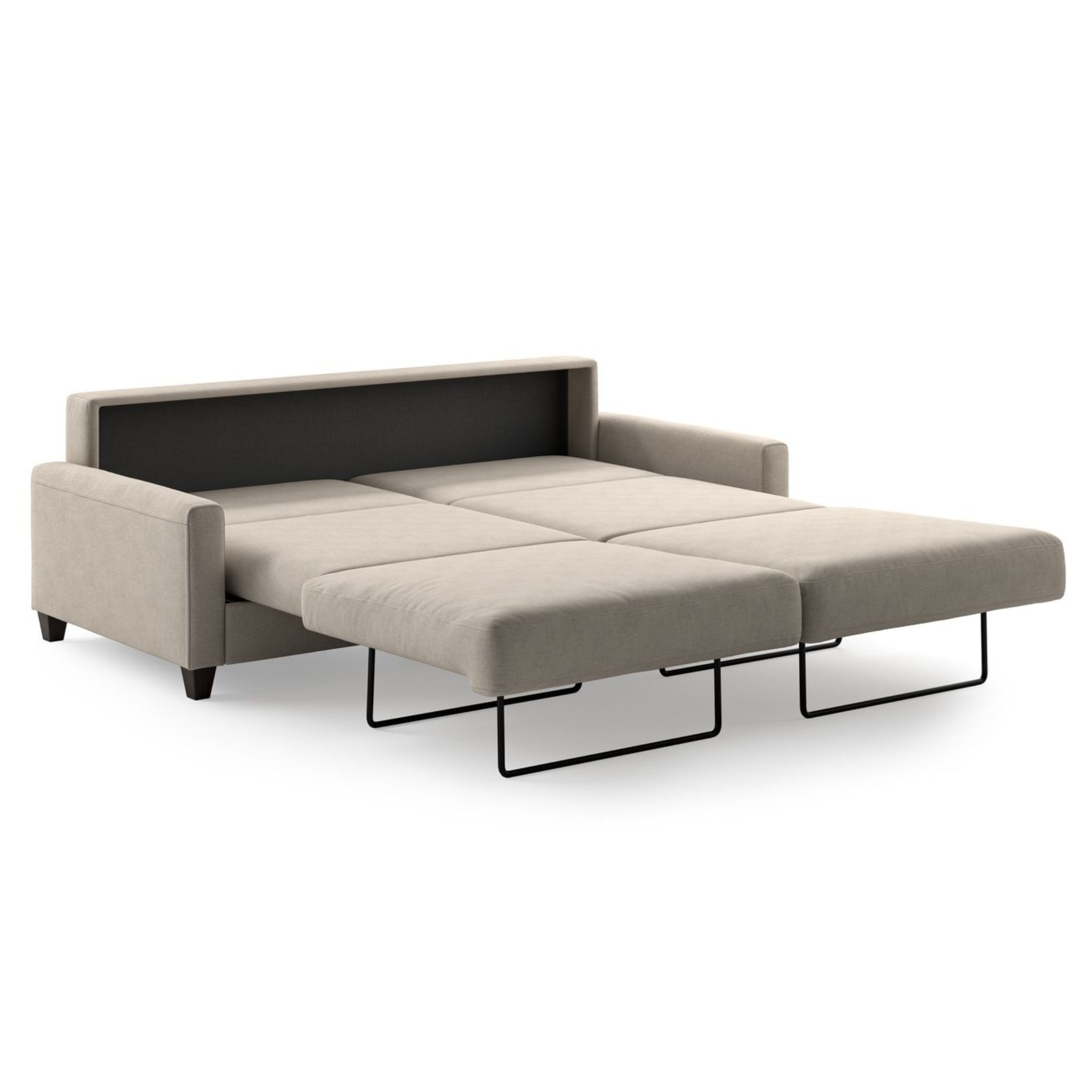 Luonto Nico King Sofa Bed in Fabric Cloud 09 with wood Feet and Nest Mechanism in Side Open View