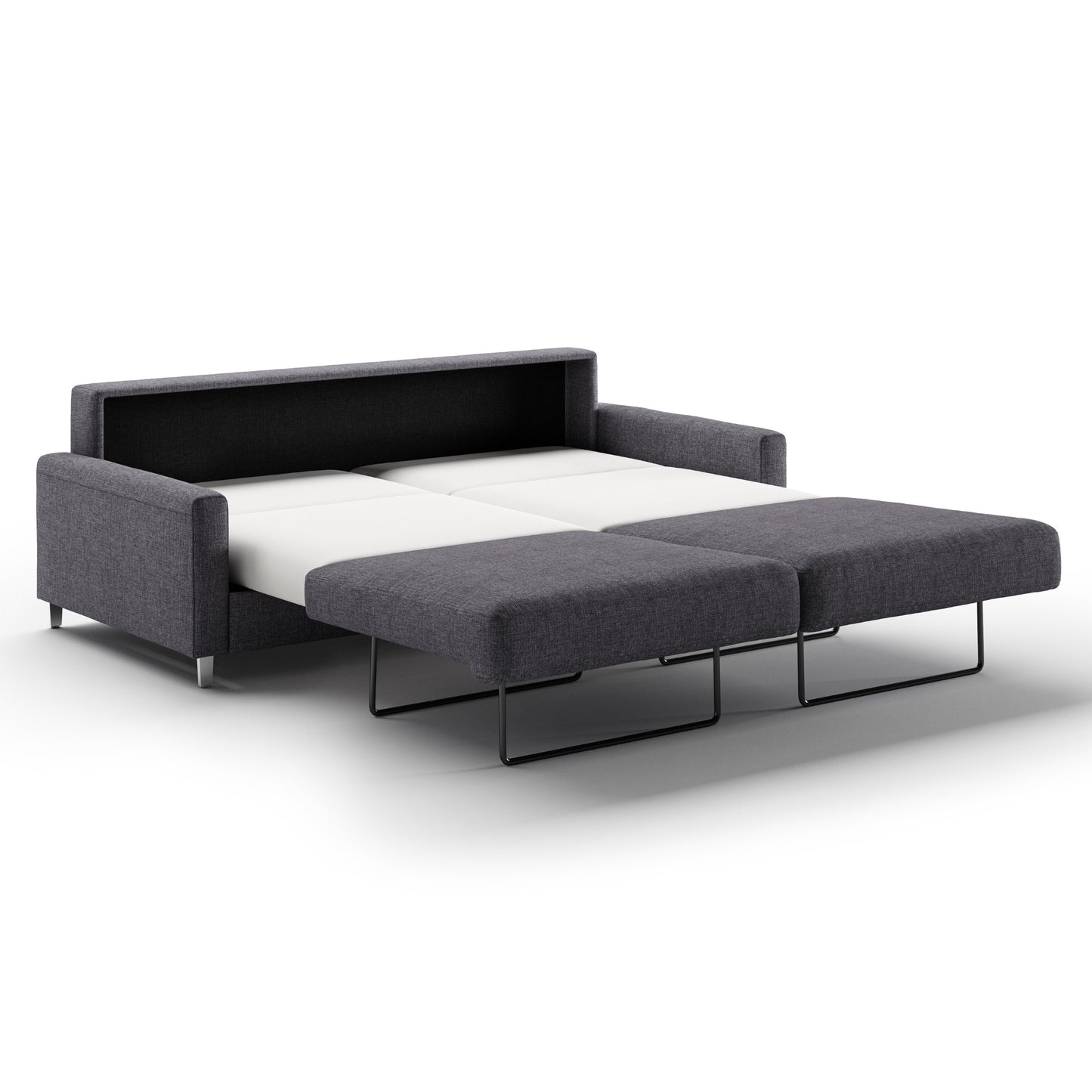 Luonto Nico King Sofa Bed in Fabric Rene 04 with Chrome Feet and Nest Mechanism in Side Open View