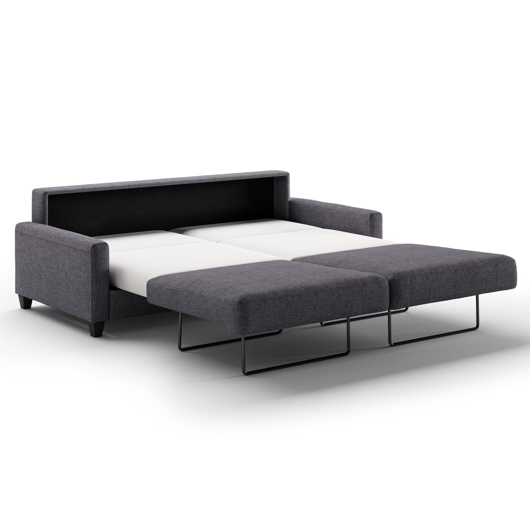 Luonto Nico King Sofa Bed in Fabric Rene 04 with wood Feet and Nest Mechanism in Side Open View