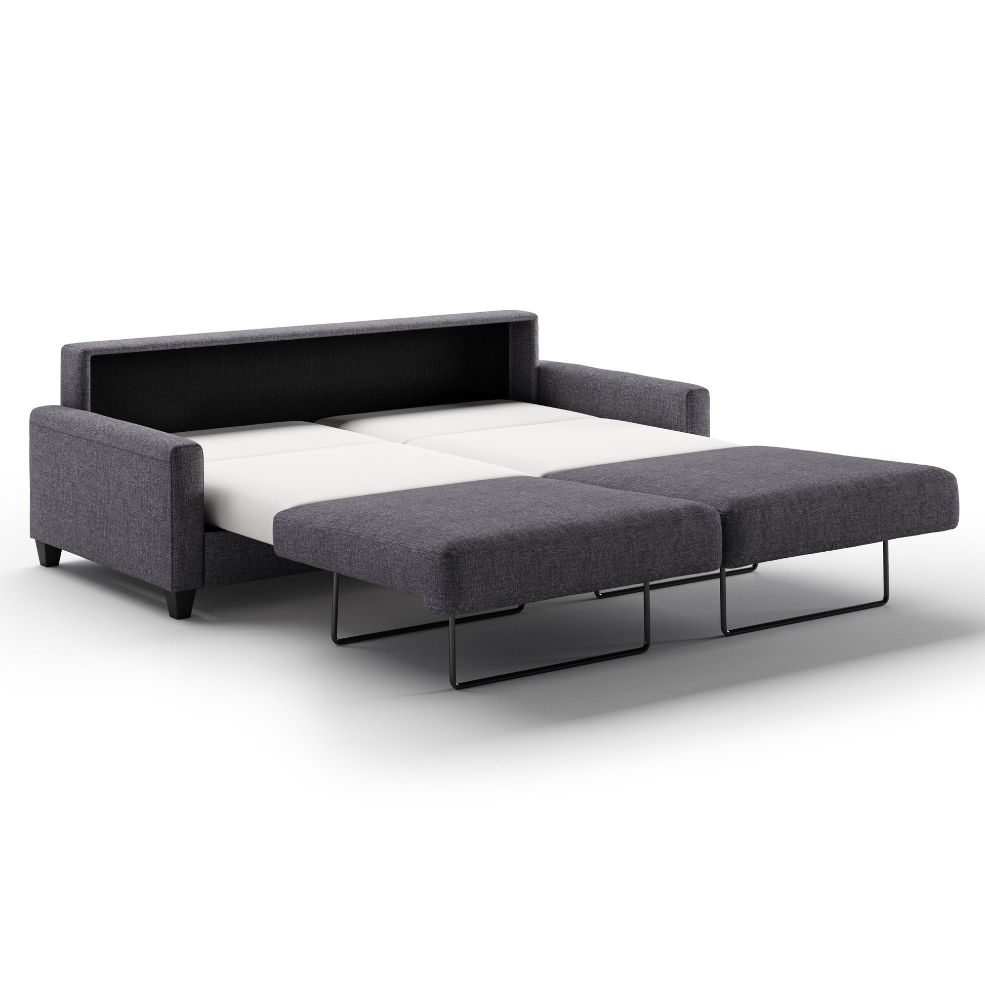 Luonto Nico King Sofa Bed in Fabric Rene 04 with Wood Feet and Nest Mechanism in Side Open View