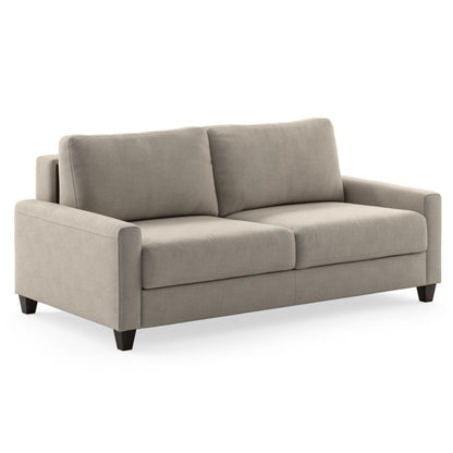 Luonto Nico Queen Sofa Bed in Fabric Soft Cloud 09 with Wood Feet and Nest Mechanism in Side Closed View