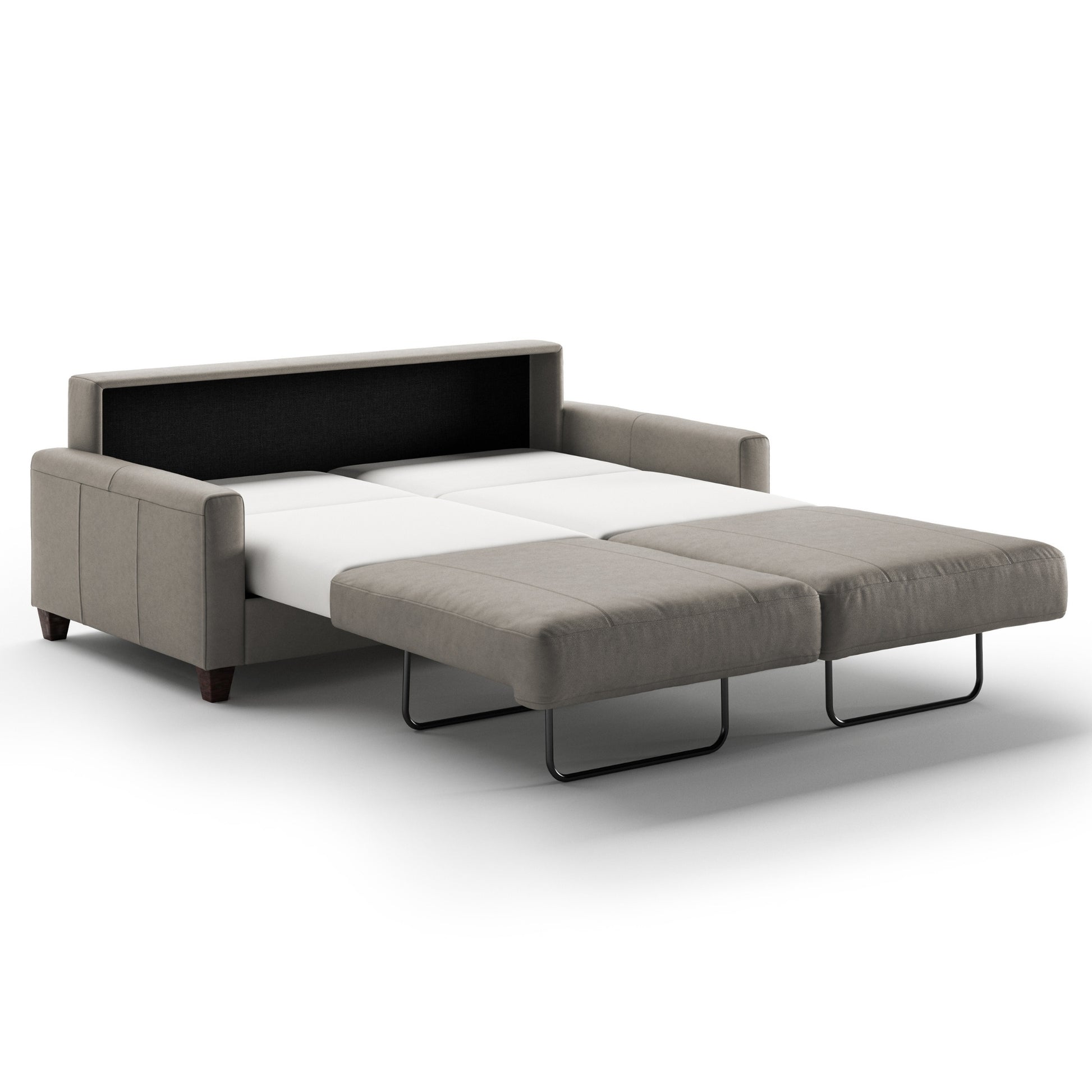 Luonto Nico Queen Sofa Bed in Fabric Soft Antique 4340 with wood Feet and Nest Mechanism in Side Open View