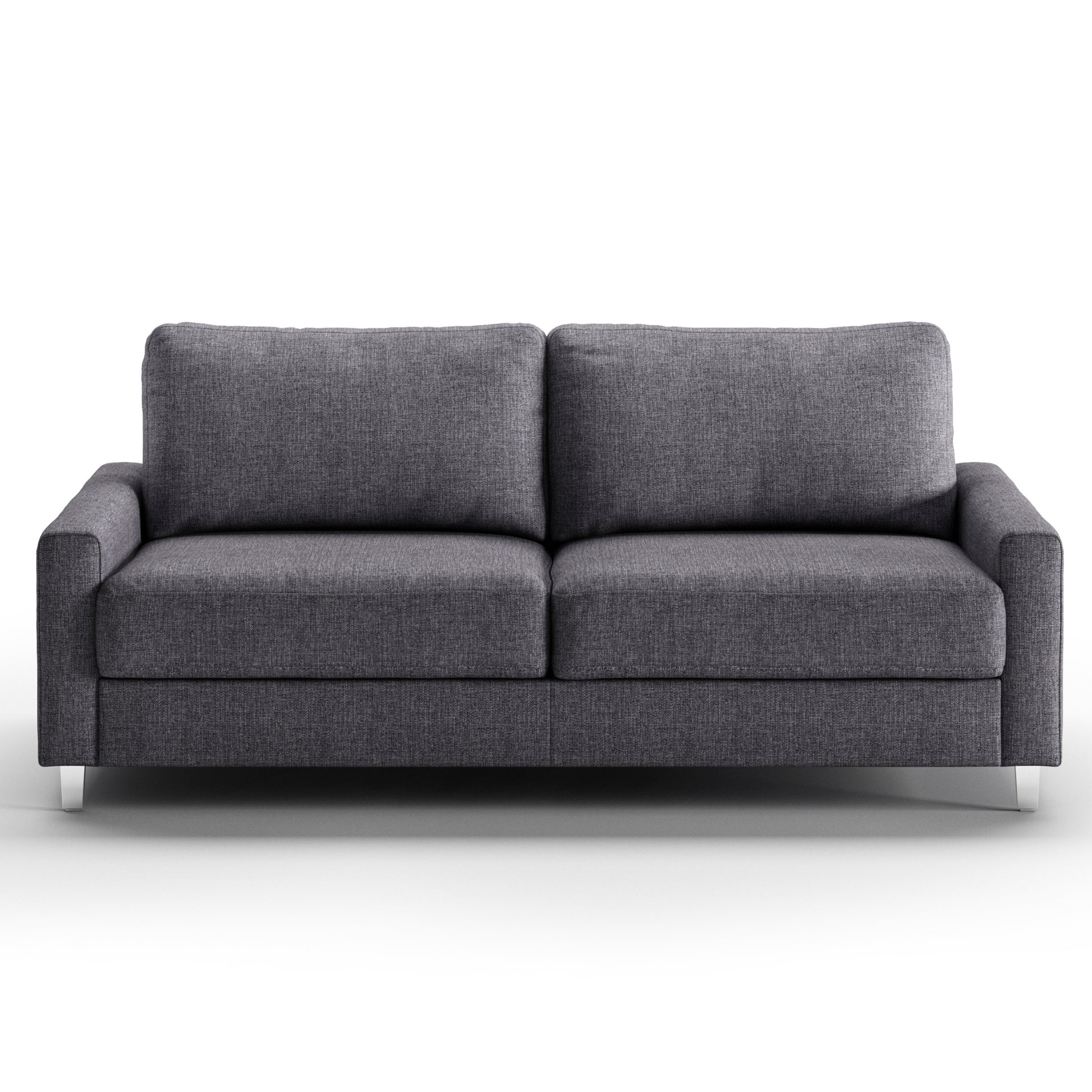 Luonto Nico Queen Sofa Bed in Fabric Rene 04 with Chrome Feet and Nest Mechanism in Front Closed View