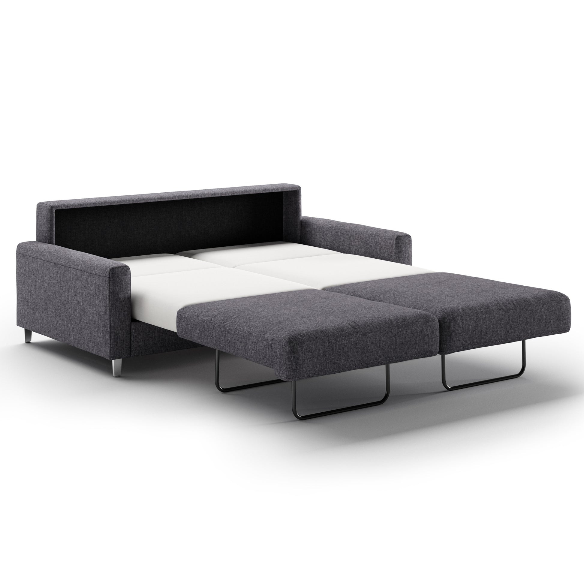 Luonto Nico Queen Sofa Bed in Fabric Rene 04 with Chrome Feet and Nest Mechanism in Side Open View