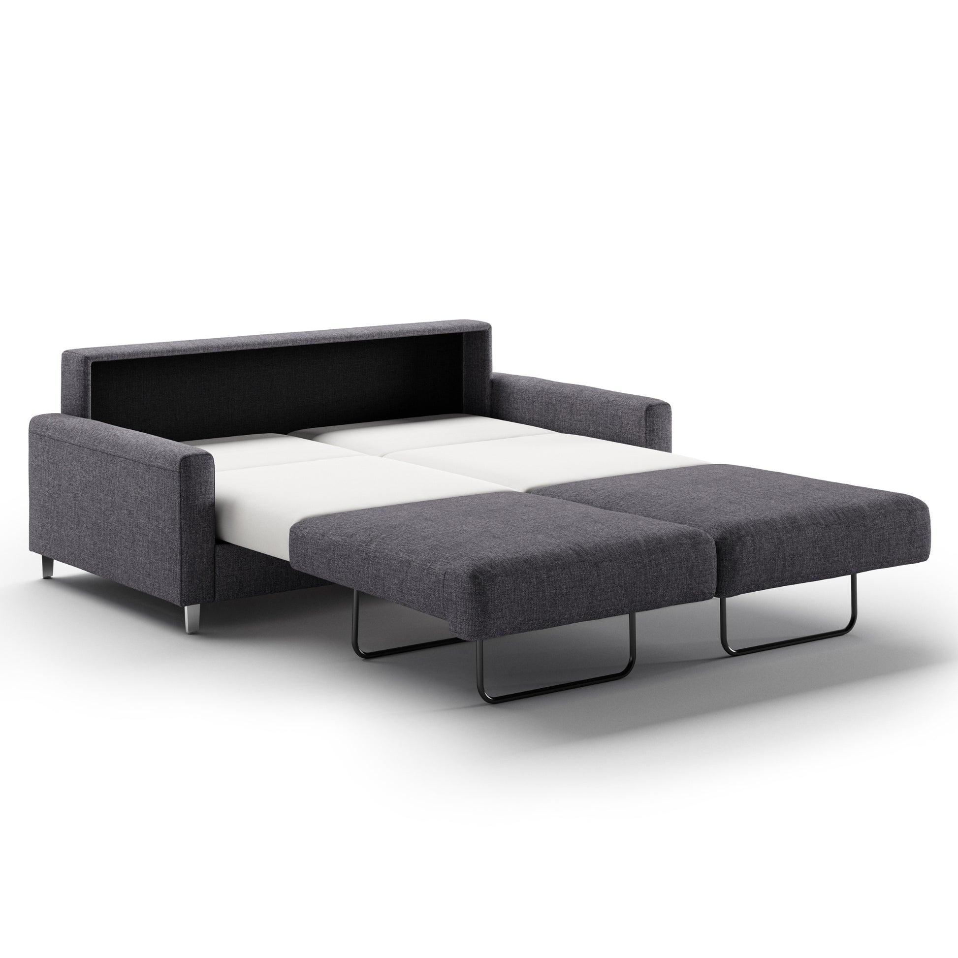 Luonto Nico Queen Sofa Bed in Fabric Rene 04 with Chrome Feet and Nest Mechanism in Side Open View