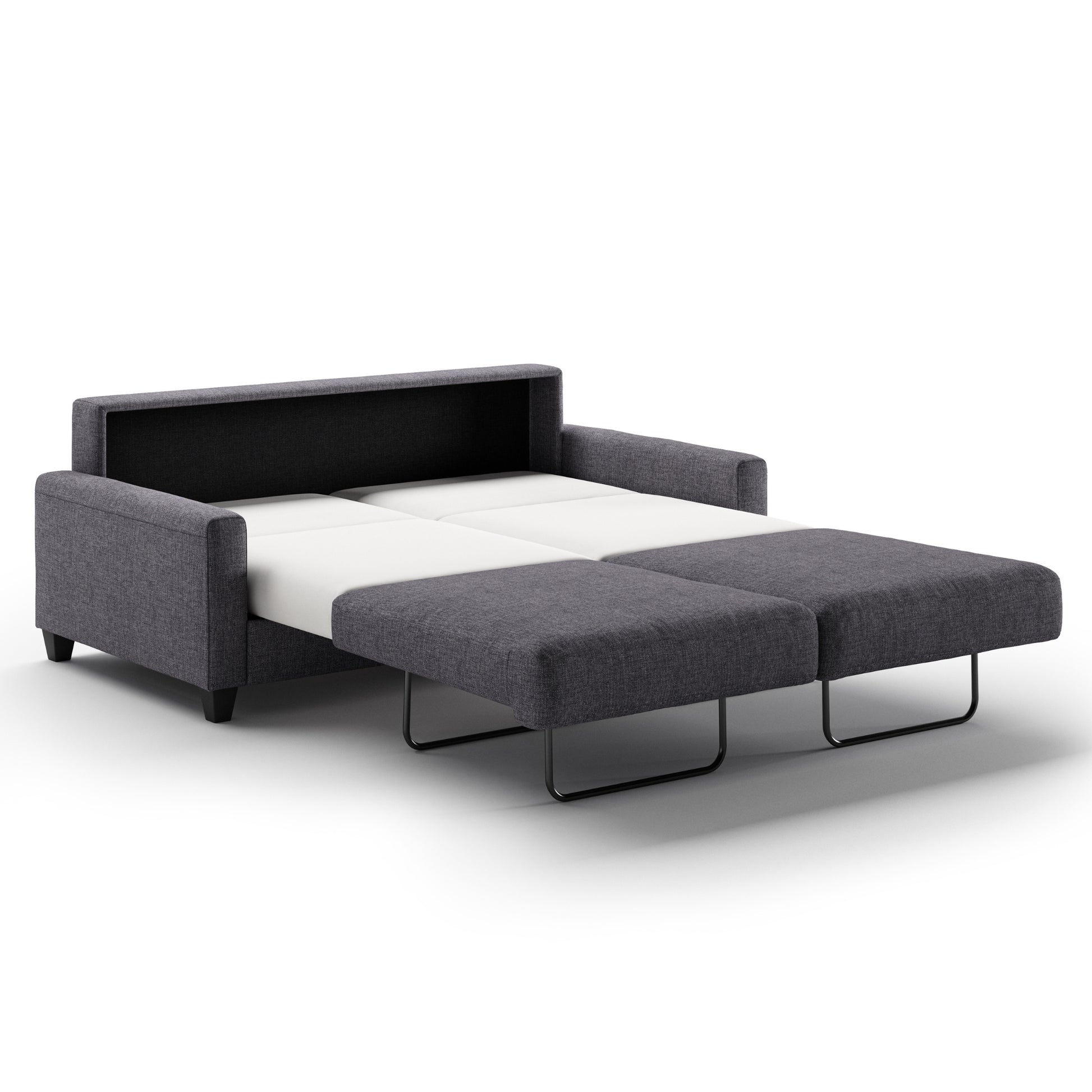 Luonto Nico Queen Sofa Bed in Fabric Rene 04 with Wood Feet and Nest Mechanism in Side Open View