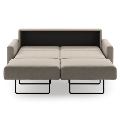 Luonto Nico Queen Sofa Bed in Fabric Soft Clou d09 with Wood Feet and Nest Mechanism in Front Open View