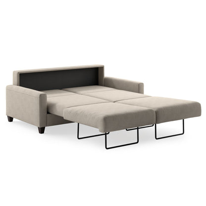 Luonto Nico Queen Sofa Bed in Fabric Soft Antique 4340 with wood Feet and Nest Mechanism in side open View