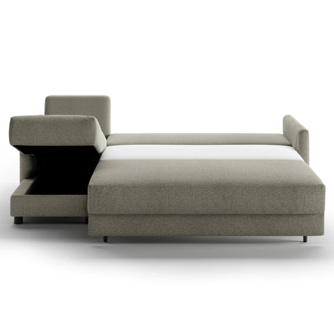 Luonto Pint Full XL Sofabed with Fabric Rene 03 and Wood Feet with Hybrid Mechanism. Left Side Chaise Front Open View.