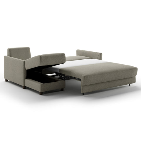 Luonto Pint Full XL Sofabed with Fabric Rene 03 and Wood Feet with Hybrid Mechanism. Left Side Chaise Side Open View.