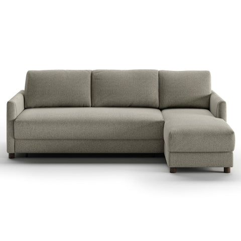 Luonto Pint Full XL Sofabed with Fabric Rene 03 and Wood Feet with Hybrid Mechanism. Right Side Chaise Front Closed View.