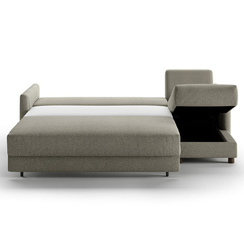 Luonto Pint Full XL Sofabed with Fabric Rene 03 and Wood Feet with Hybrid Mechanism. Right Side Chaise Front Open View.