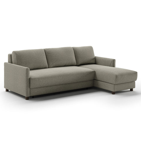 Luonto Pint Full XL Sofabed with Fabric Rene 03 and Wood Feet with Hybrid Mechanism. Right Side Chaise Side Closed View.