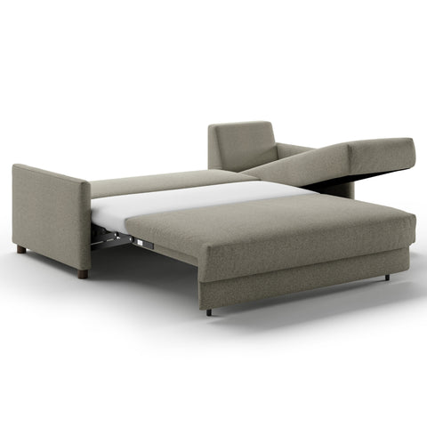 Luonto Pint Full XL Sofabed with Fabric Rene 03 and Wood Feet with Hybrid Mechanism. Right Side Chaise Side Open View.