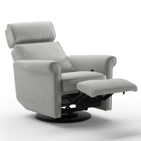 Luonto Rolled Gliding Recliner Swivel Base in Fabric Oliver 173 with a manual Opening in open View