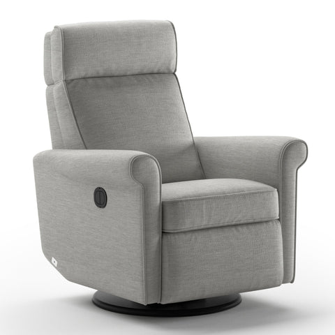 Luonto Rolled Gliding Recliner Swivel Base in Fabric Oliver 173 with a Power & Battery Opening in Closed View