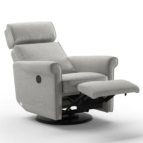 Luonto Rolled Gliding Recliner Swivel Base in Fabric Oliver 173 with a Power & Battery Opening in open View