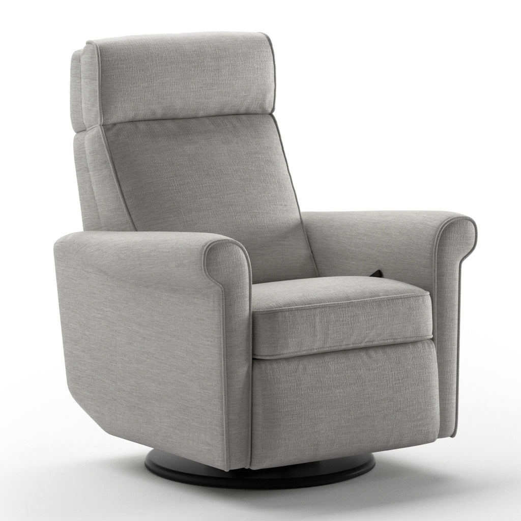 Luonto Rolled Gliding Recliner Swivel Base in Fabric Oliver 173 with a manual Opening in Closed View