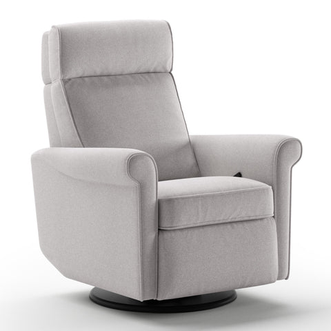 Luonto Rolled Gliding Recliner Swivel Base in Fabric Rene 01 with a manual Opening in Closed View