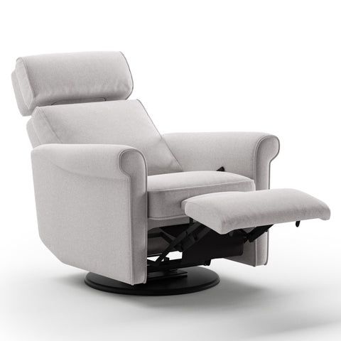 Luonto Rolled Gliding Recliner Swivel Base in Fabric Rene 01 with a manual Opening in open View