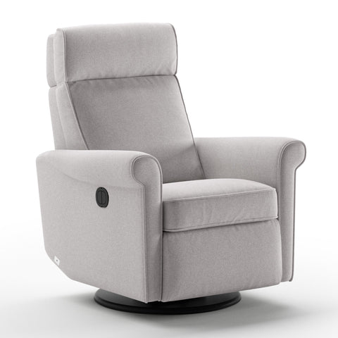 Luonto Rolled Gliding Recliner Swivel Base in Fabric Rene 01 with a Power & Battery Opening in Closed View