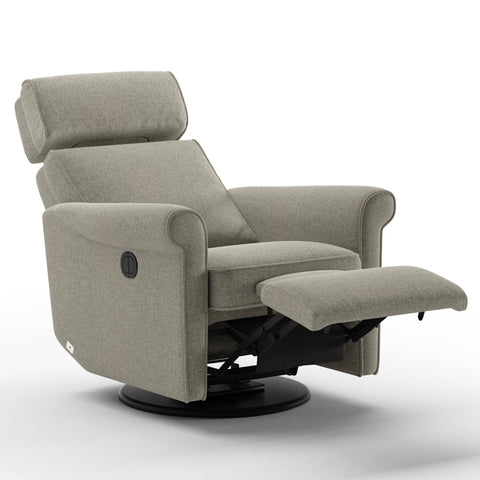 Luonto Rolled Gliding Recliner Swivel Base in Fabric Rene 03 with a Power & Battery Opening in open View