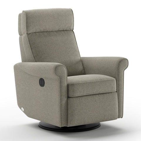 Luonto Rolled Gliding Recliner Swivel Base in Fabric Rene 03 with a Power & Battery Opening in Closed View