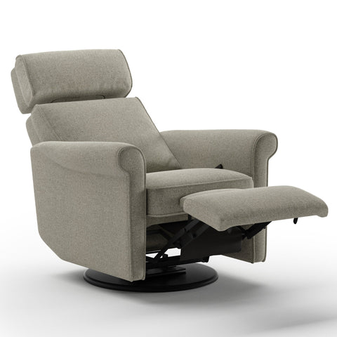 Luonto Rolled Gliding Recliner Swivel Base in Fabric Rene 03 with a manual Opening in open View