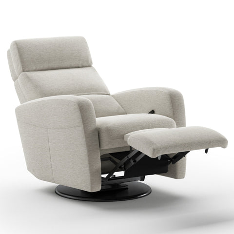 Luonto Sloped Gliding Recliner Swivel Base in Fabric Fun 496 with a Manual Opening in Open View