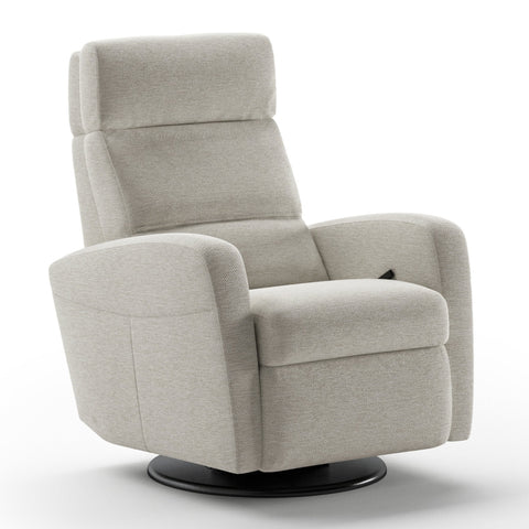 Luonto Sloped Gliding Recliner Swivel Base in Fabric Fun 496 with a Manual Opening in Closed View