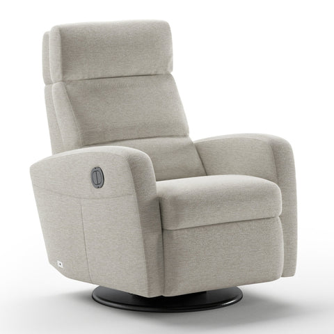 Luonto Sloped Gliding Recliner Swivel Base in Fabric Fun 496 with a Power & Battery Opening in Closed View