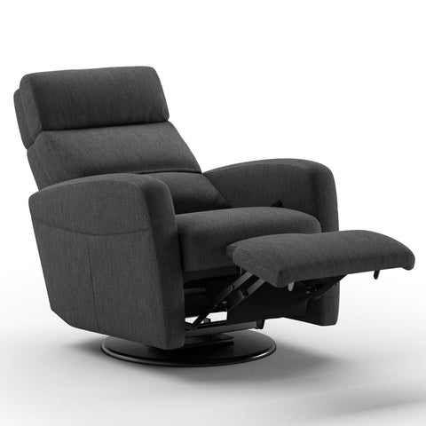 Luonto Sloped Gliding Recliner Swivel Base in Fabric Luole 630 with a Manual Opening in Open View