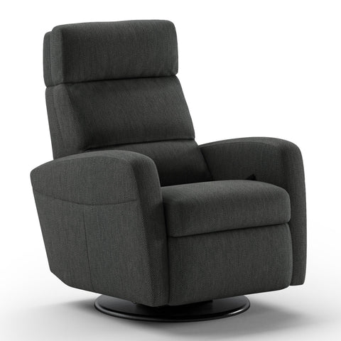 Luonto Sloped Gliding Recliner Swivel Base in Fabric Luole 630 with a Manual Opening in Closed View