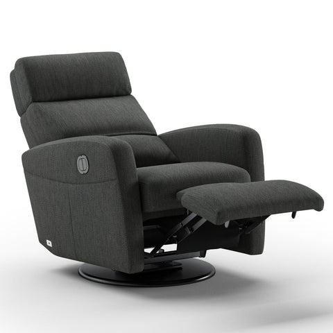 Luonto Sloped Gliding Recliner Swivel Base in Fabric Luole 630 with a Power and Battery Opening in Open View