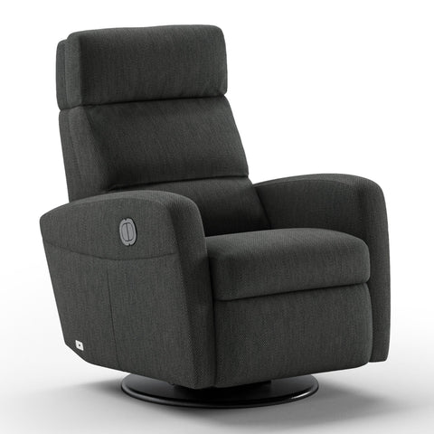 Luonto Sloped Gliding Recliner Swivel Base in Fabric Luole 630 with a Opwer and Battery Opening in Closed View