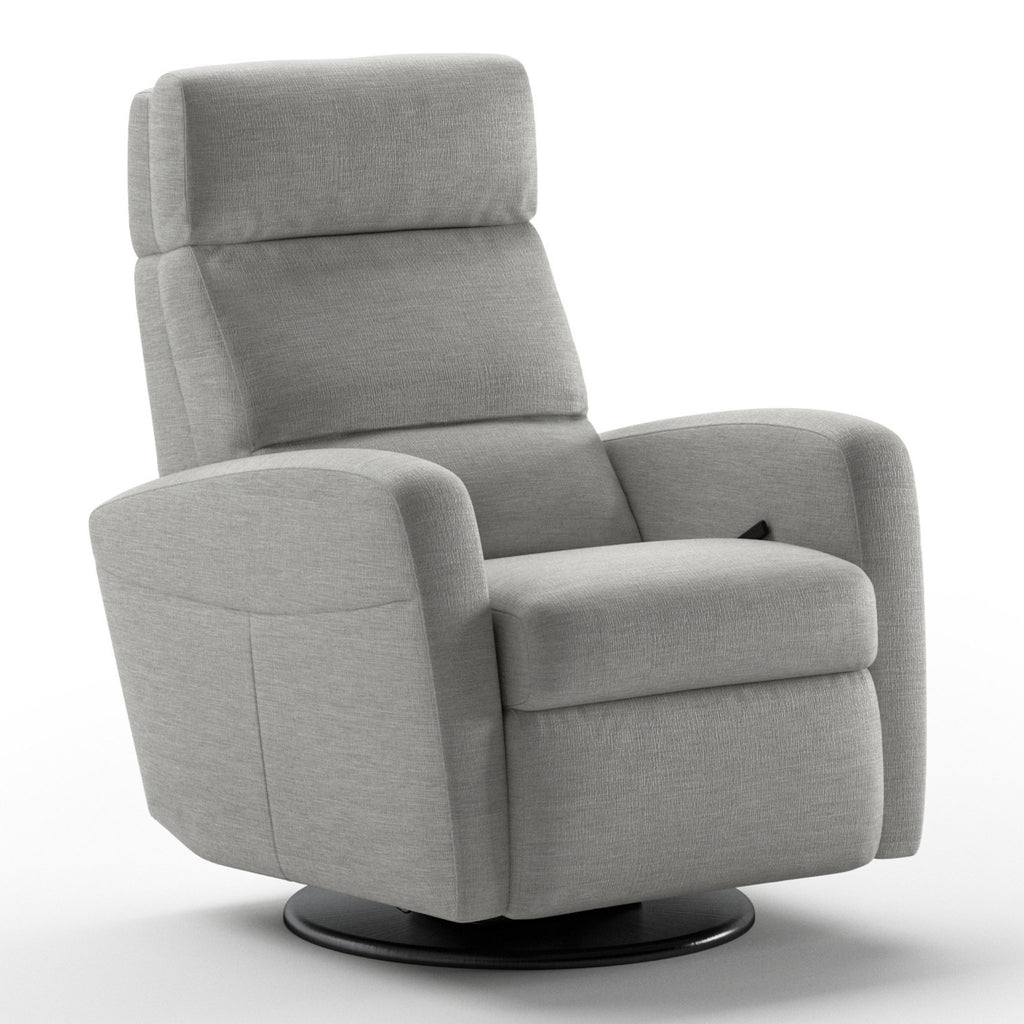 Luonto Sloped Gliding Recliner Swivel Base in Fabric Oliver 173 with a Manual Opening in Closed View