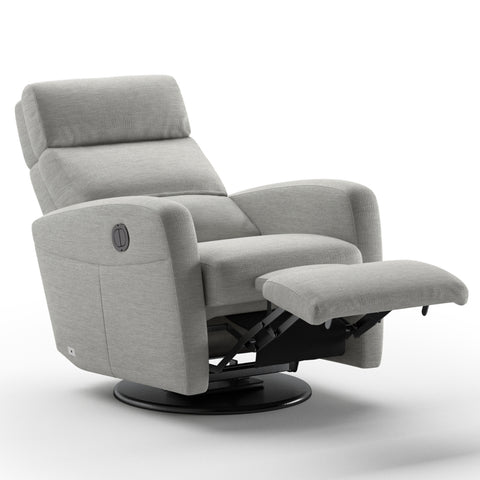 Luonto Sloped Gliding Recliner Swivel Base in Fabric Oliver 173 with a Power & Battery Opening in Open View