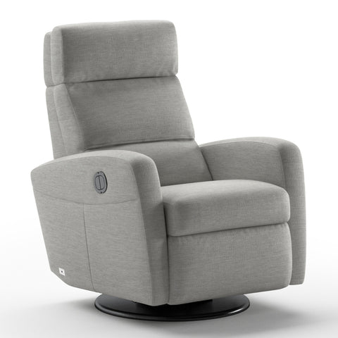 Luonto Sloped Gliding Recliner Swivel Base in Fabric Oliver 173 with a Power & Battery Opening in Closed View