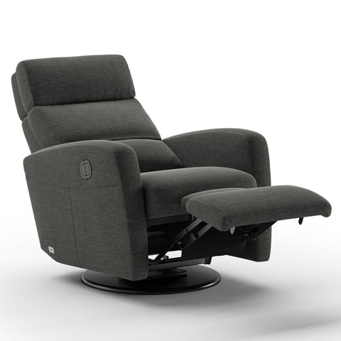 Luonto Sloped Gliding Recliner Swivel Base in Fabric Oliver 515 with a Power and Battery Opening in Open View