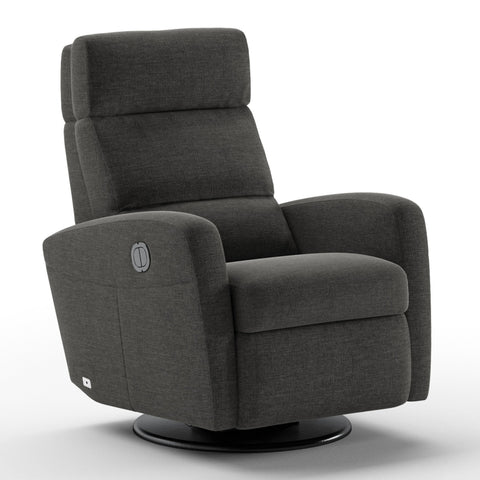 Luonto Sloped Gliding Recliner Swivel Base in Fabric Oliver 515 with a Power and Battery Opening in Closed View