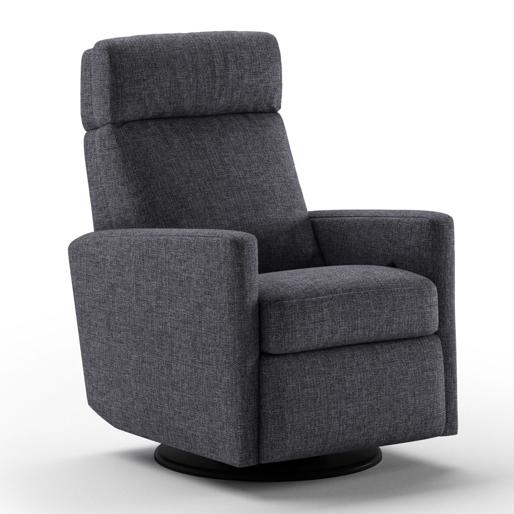 Luonto Track Gliding Recliner Swivel Base in Fabric Fun 481 with a Manual Opening in Closed View