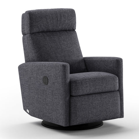 Luonto Track Gliding Recliner Swivel Base in Fabric Fun 481 with a Power & Battery Opening in Closed View