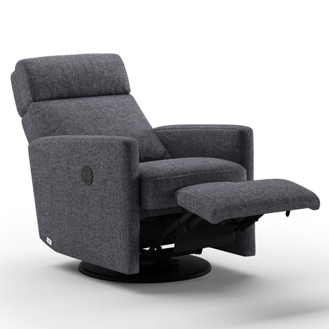 Luonto Track Gliding Recliner Swivel Base in Fabric Fun 481 with a Power & Battery Opening in side open View