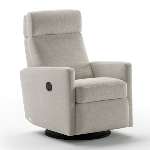 Luonto Track Gliding Recliner Swivel Base in Fabric Fun 496 with a Power & Battery Opening in Closed View