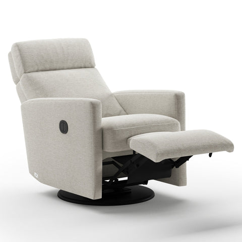 Luonto Track Gliding Recliner Swivel Base in Fabric Fun 496 with a Power & Battery Opening in Side Open View