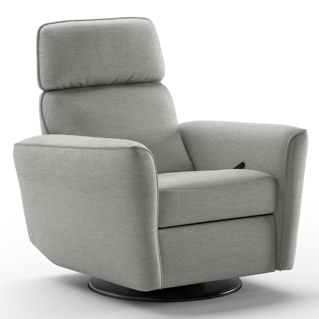 Luonto Welted Gliding Recliner Swivel Base in Fabric Oliver 173 with a Manual Opening in Closed View