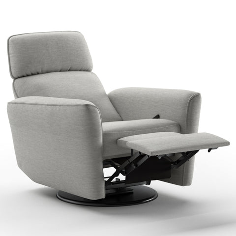 Luonto Welted Gliding Recliner Swivel Base in Fabric Oliver 173 with a Manual Opening in Open View