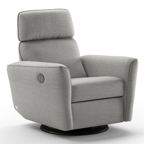 Luonto Welted Gliding Recliner Swivel Base in Fabric Oliver 173 with a Power & Battery Opening in Closed View