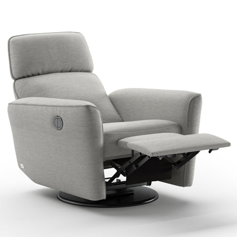 Luonto Welted Gliding Recliner Swivel Base in Fabric Oliver 173 with a Power & Battery Opening in Open View